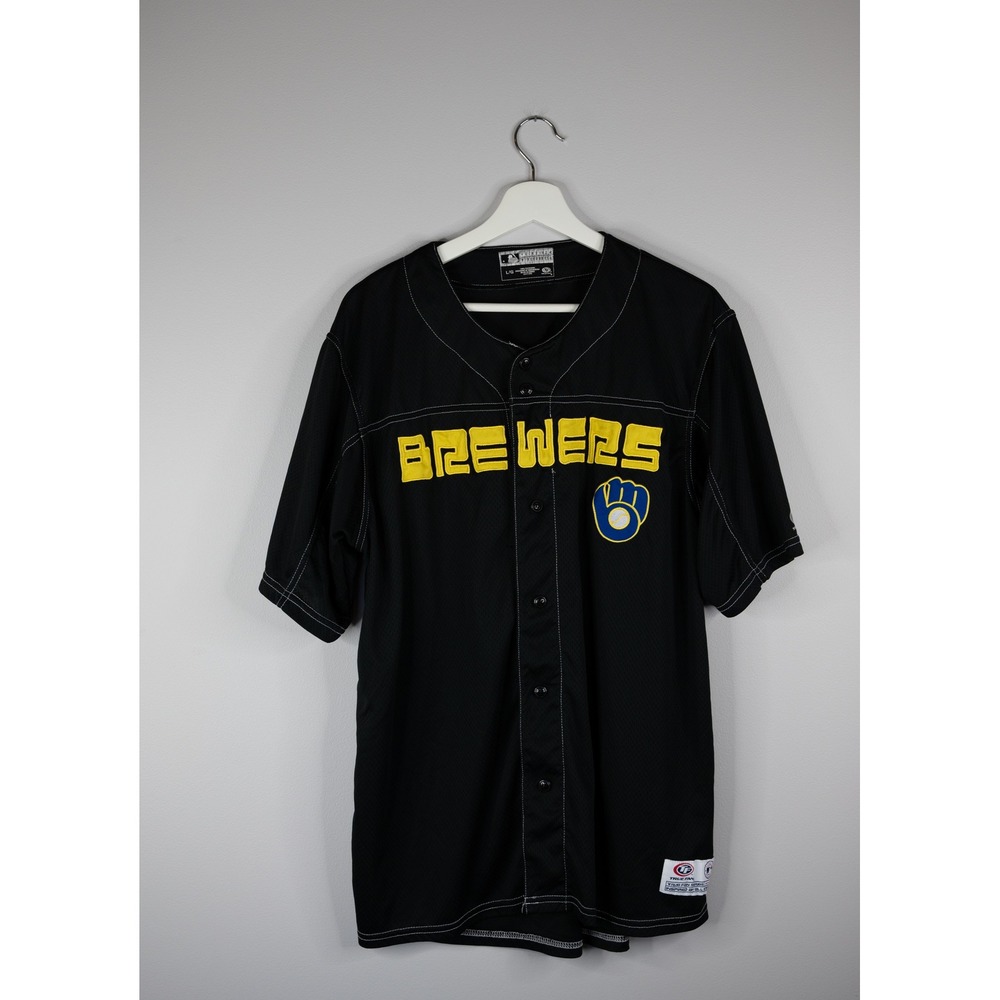True Fan MLB Brewers Jersey Mens Large Black Embroidered Mesh Button Up Baseball